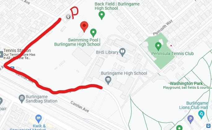 Route map to Burlingame Aquatic Club